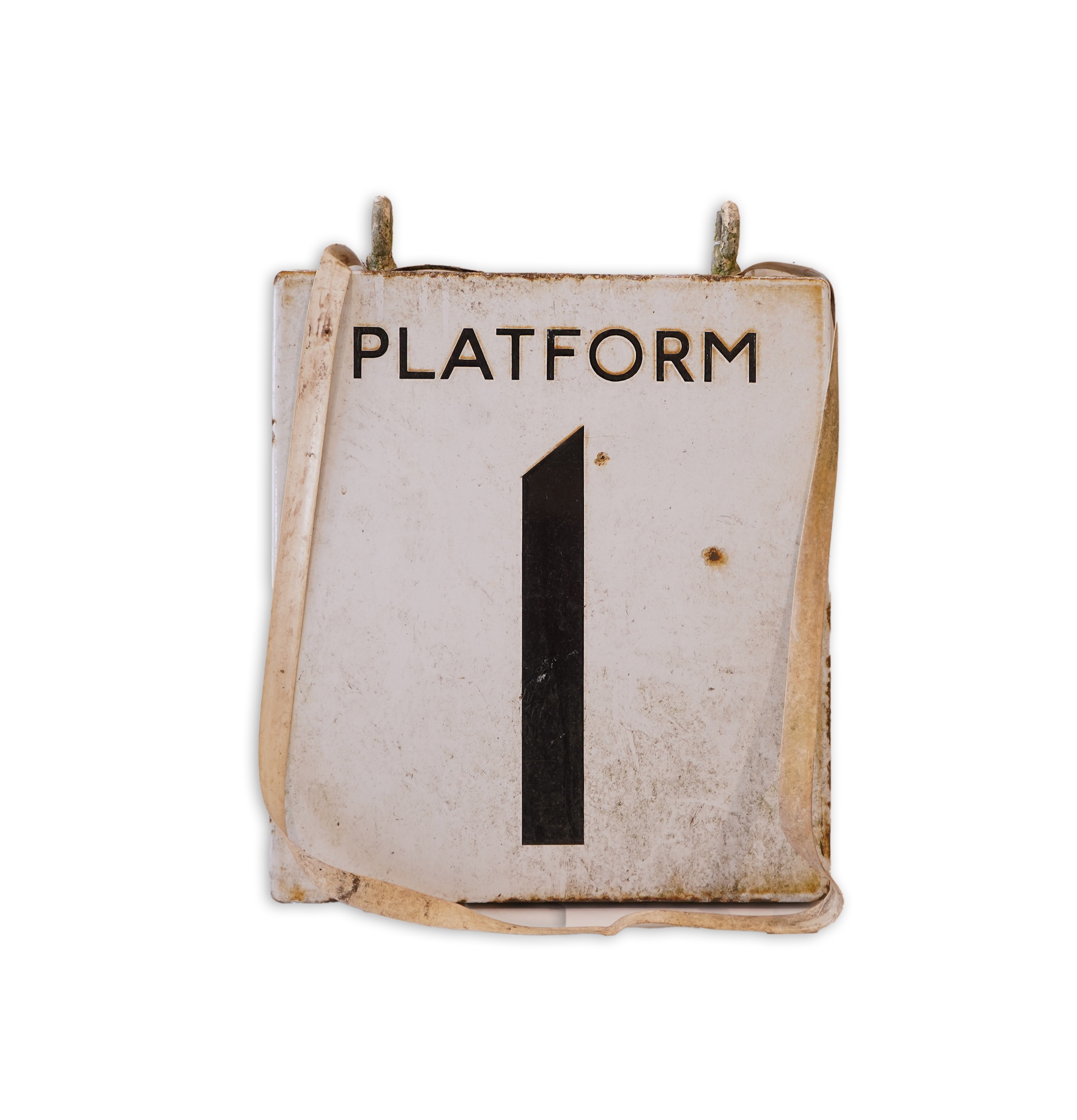 A 1960s London Underground double sided enamel platform sign 'Platform 1', with black lettering on white background, 46cm high, 41cm wide